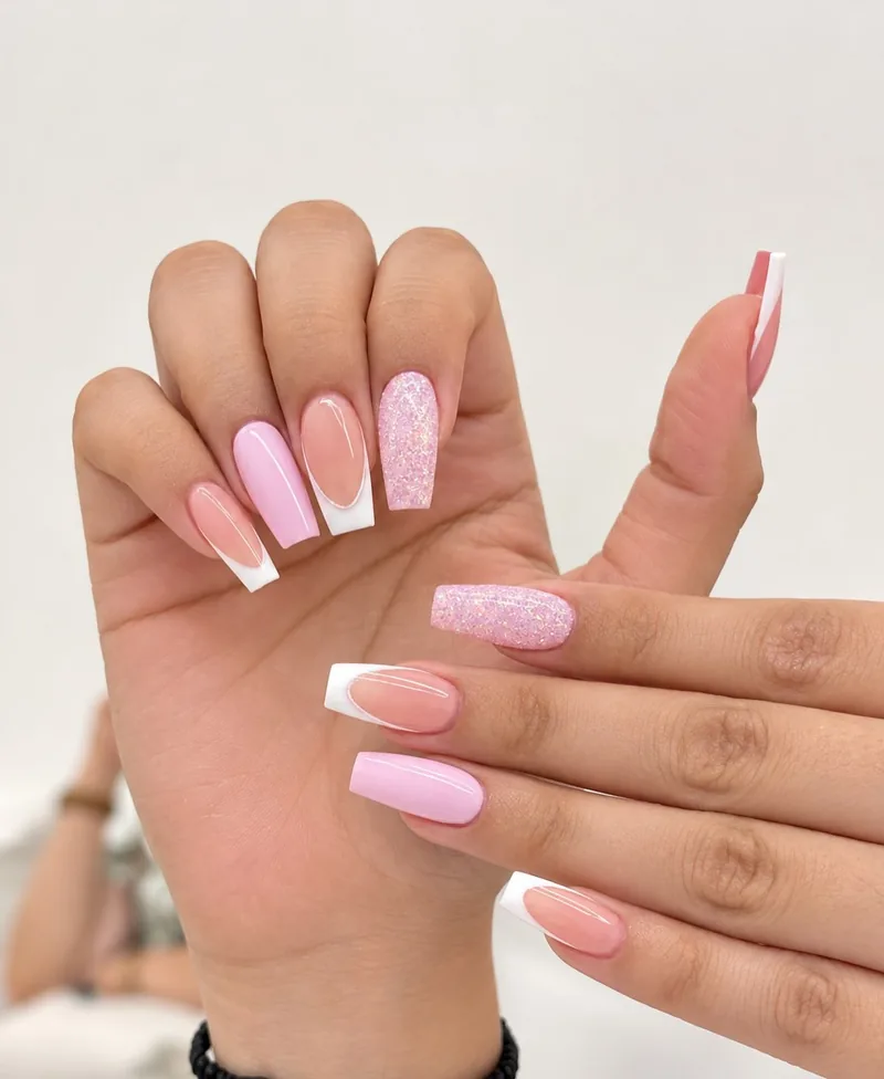 Pink, French tips and glitter